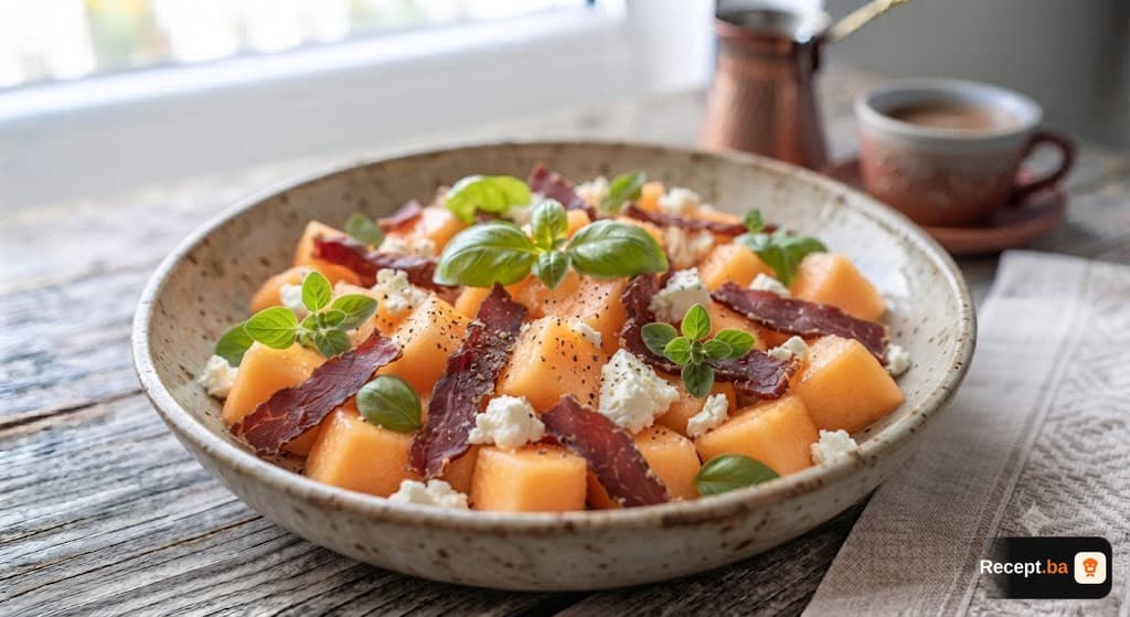 Ljetna salata sa dinjom, suhim mesom i fetom