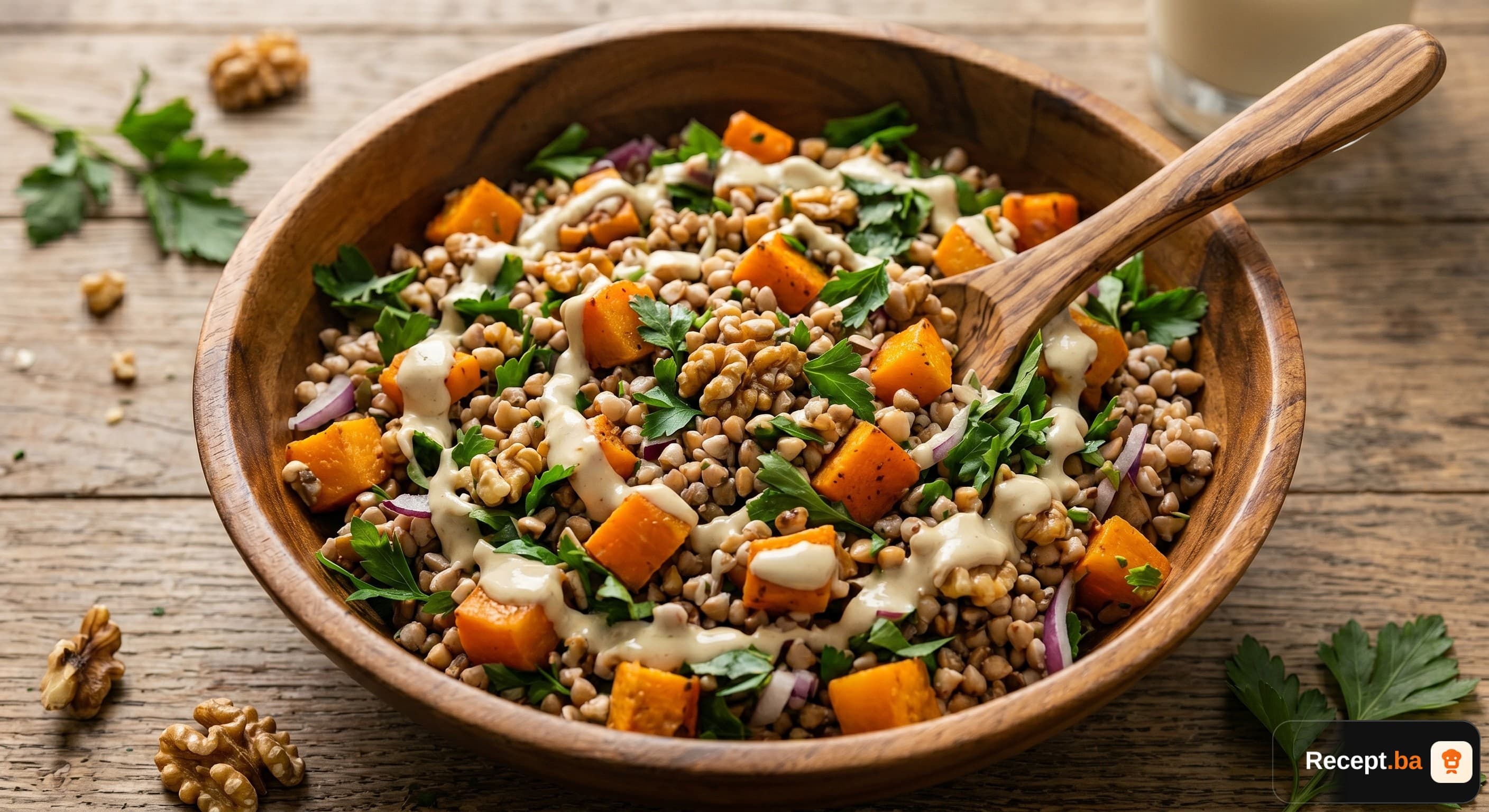 Salata od pečene bundeve i heljde sa tahini dresingom